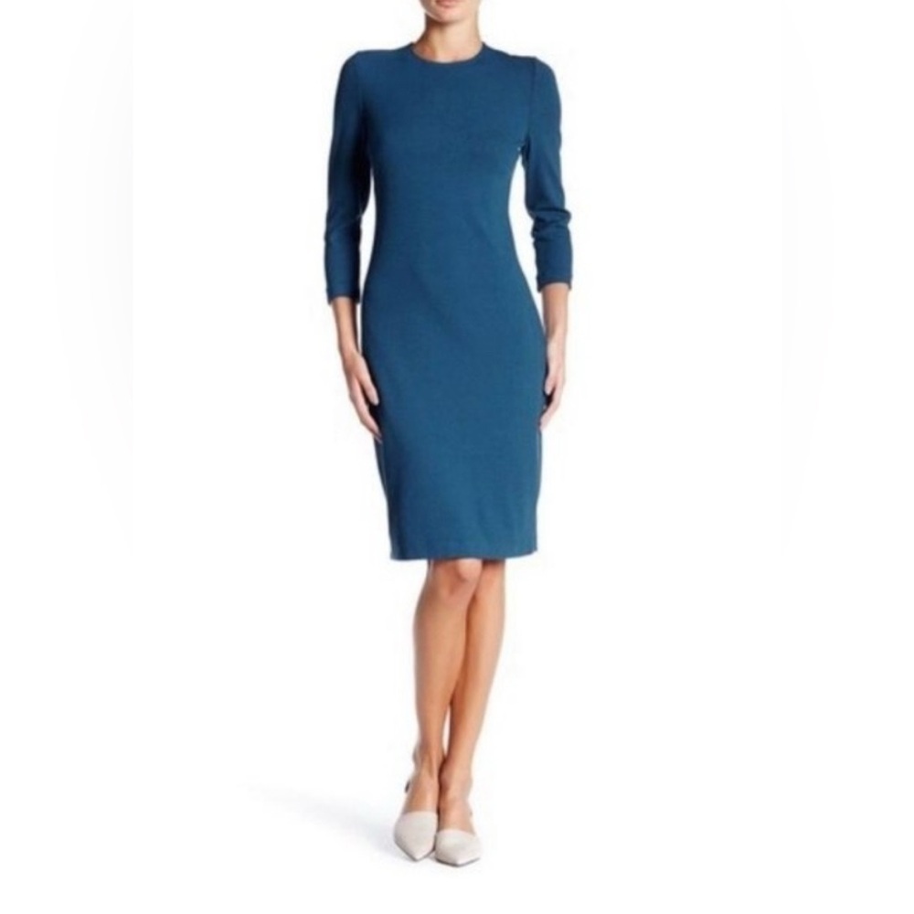 Vince Stretch Crepe Teal 3/4 Sleeve Sheath Dress XS EUC